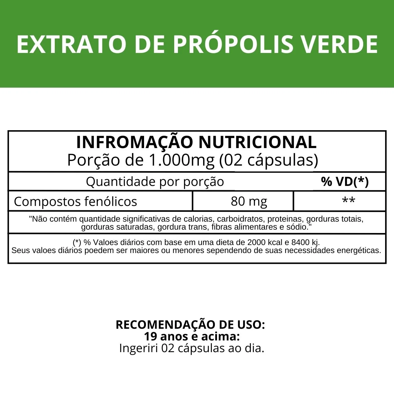 Informação nutricional Extrato de Própolis verde
