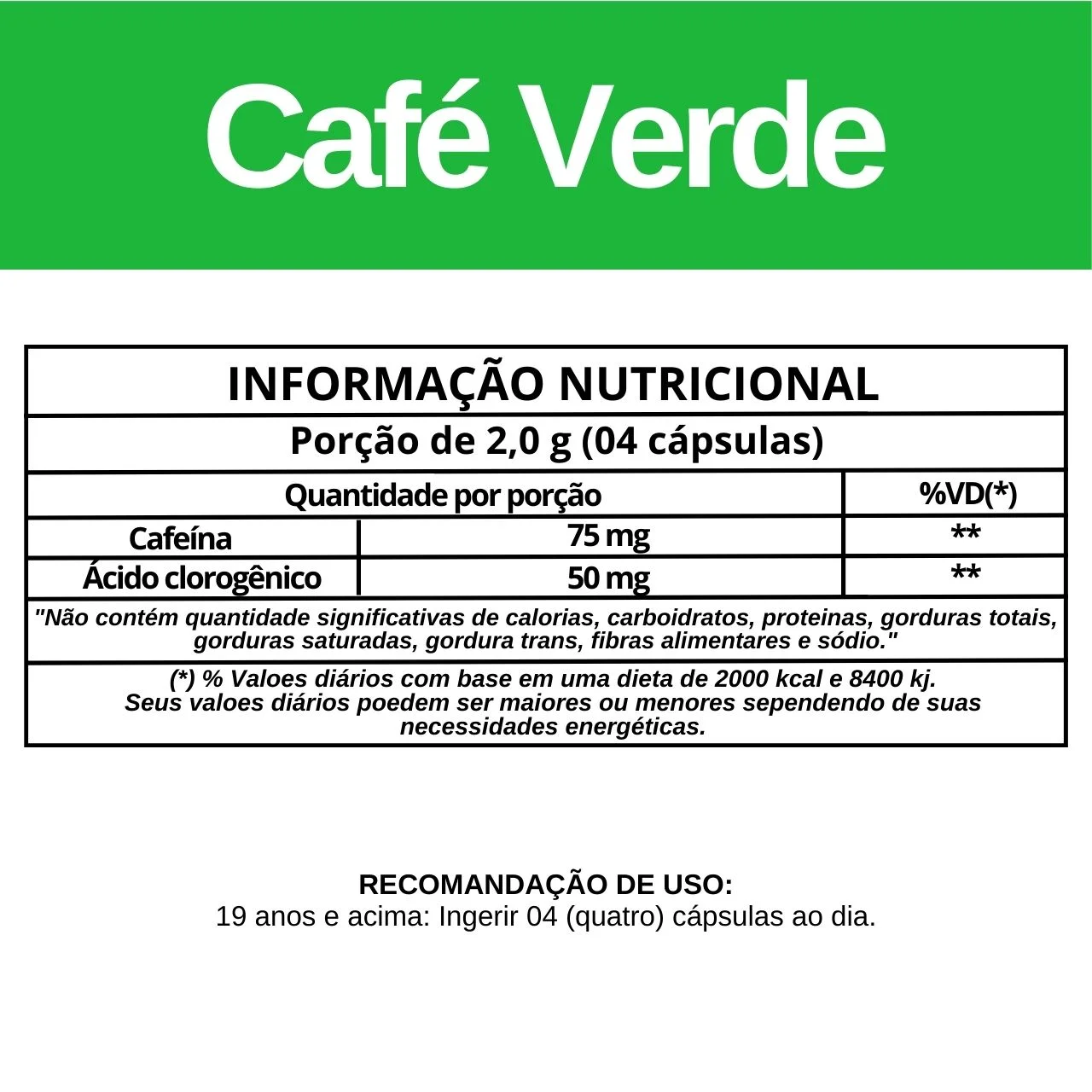 Informação nutricional Café verde