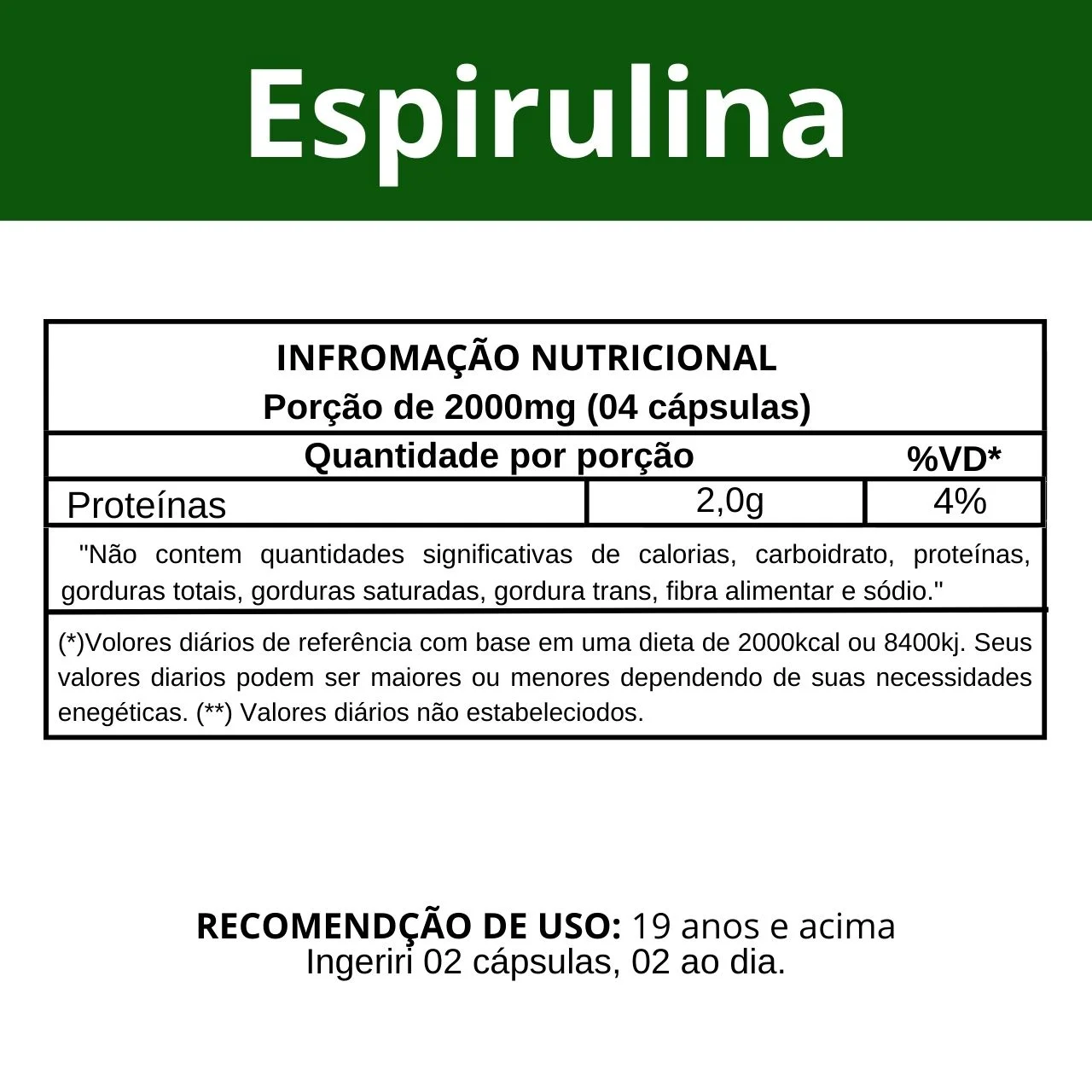 Informação nutricional Espirulina