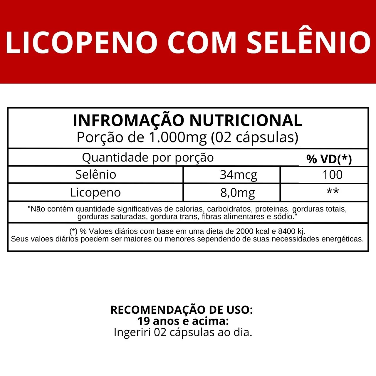 Informação nutricional Licopenio com Selenio