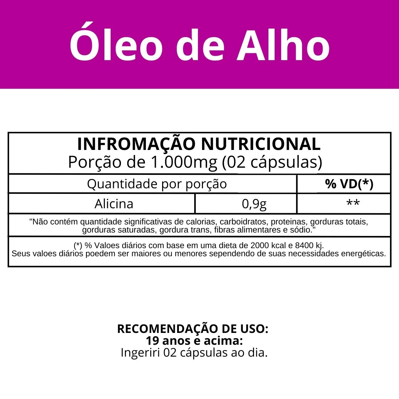 Informação nutricional Óleo de Alaho