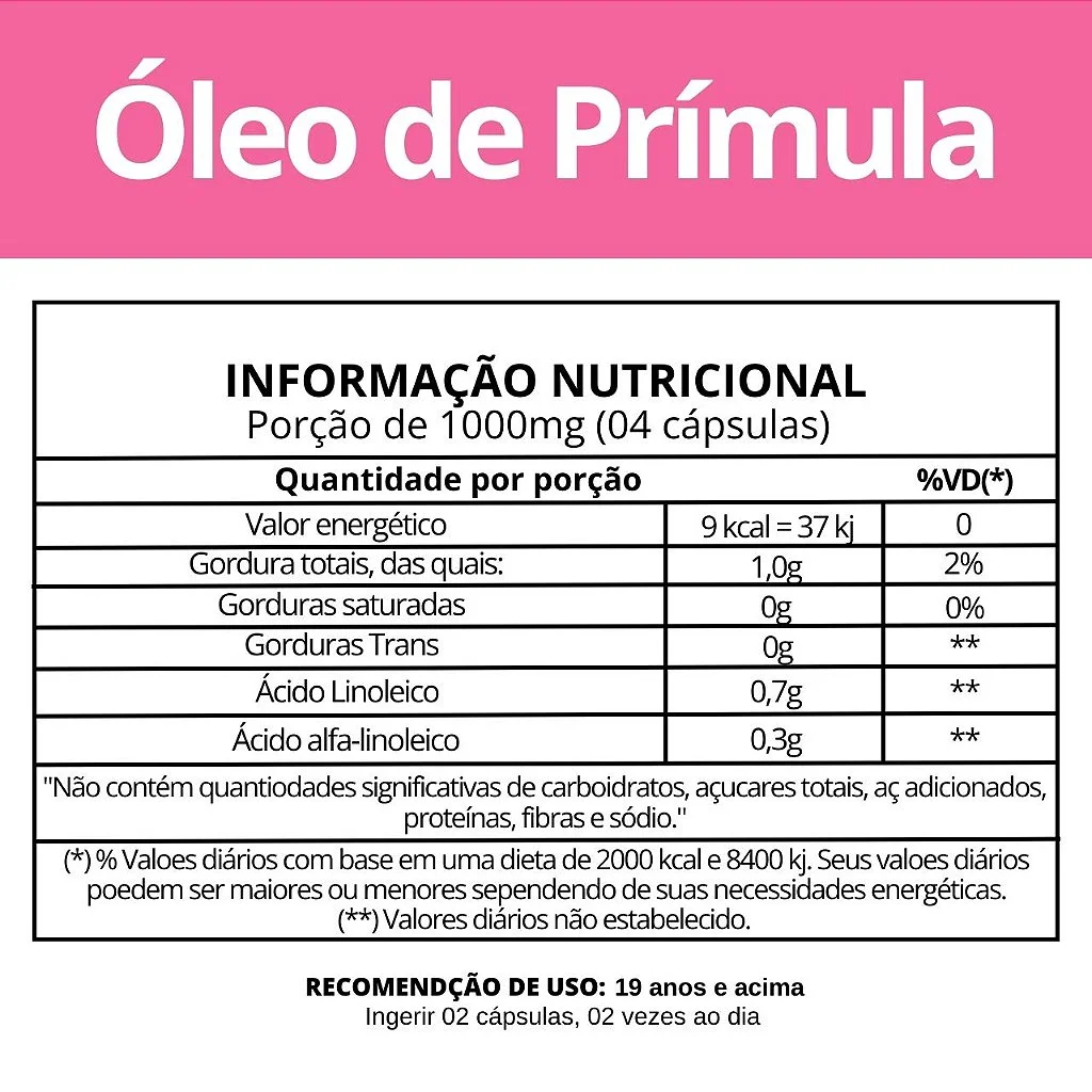 Informação nutricional Óleo de Prímula