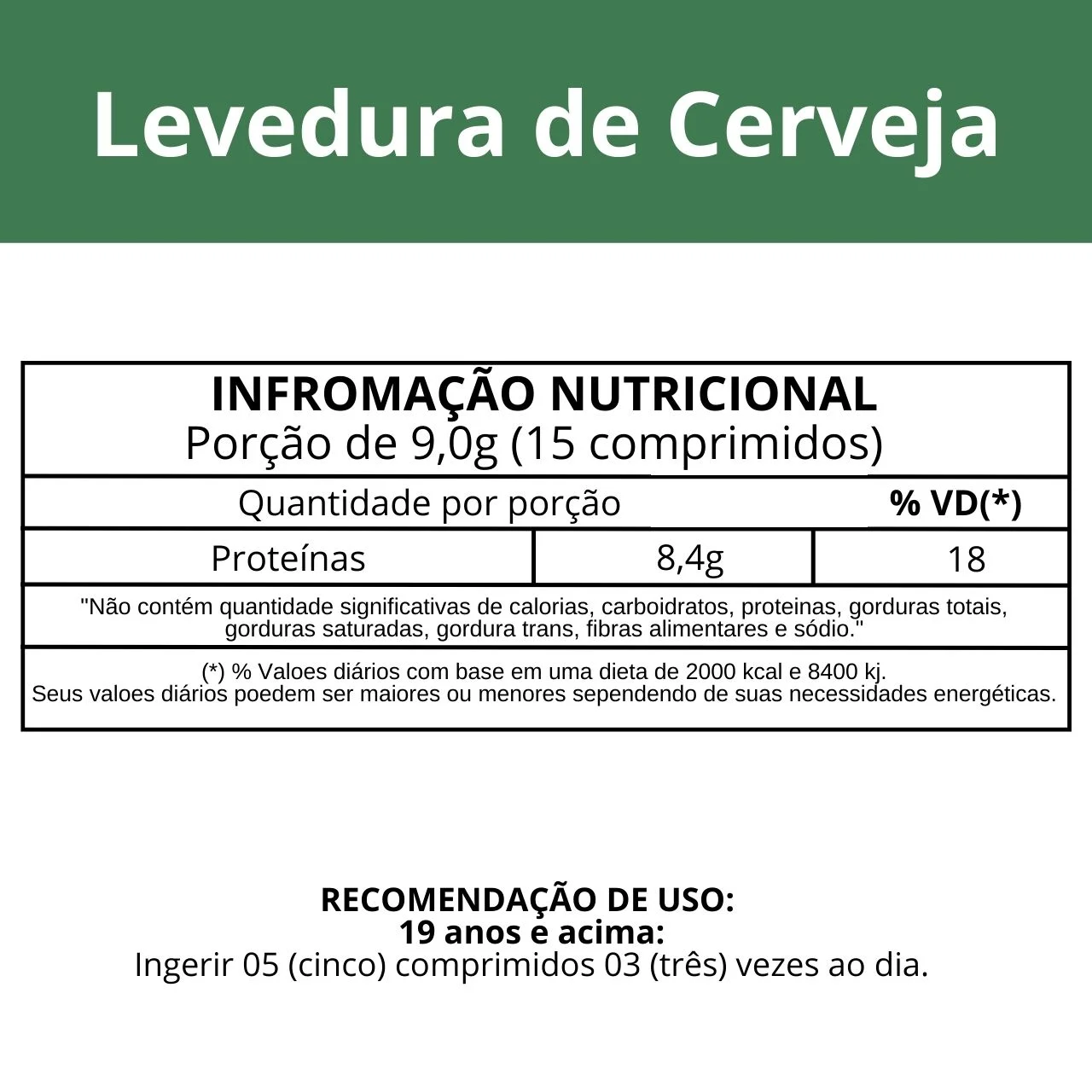 Informações nutricionais Levedura de Cerveja