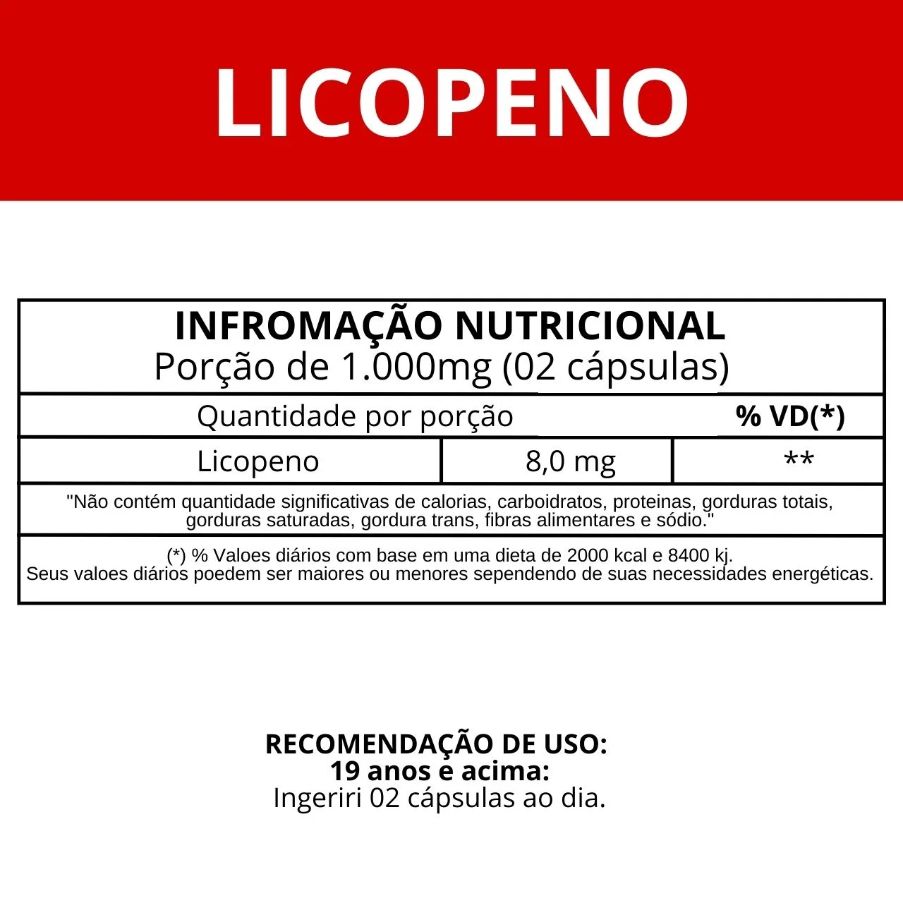 informação nutricional Licopeno